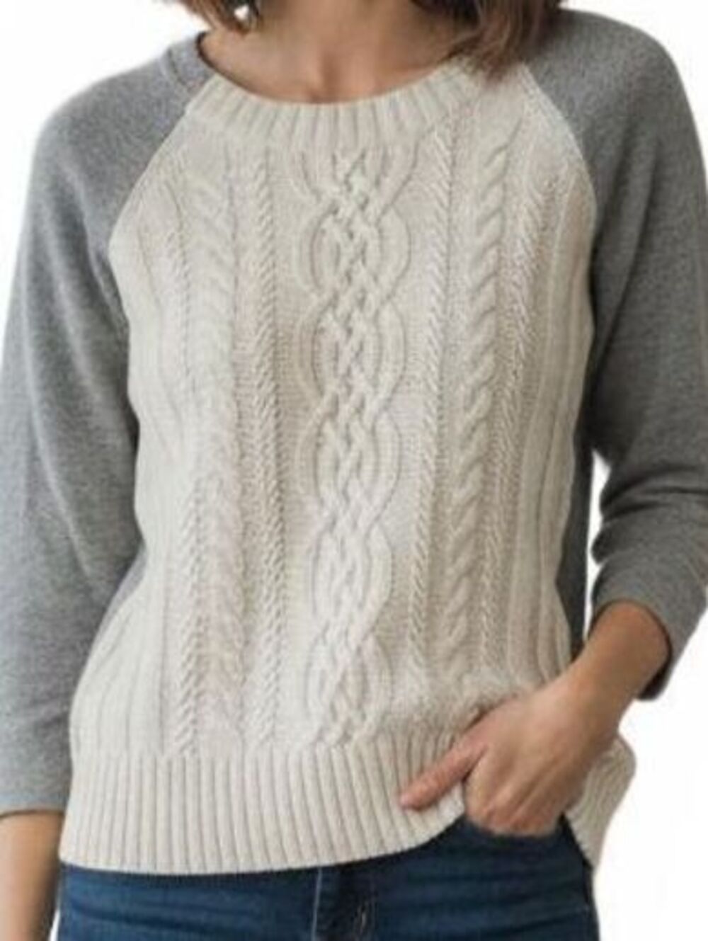 Skyr Womens Sz S 3/4 Sleeve Crew Neck Sweater Cream Cable knit Gray Sleeves